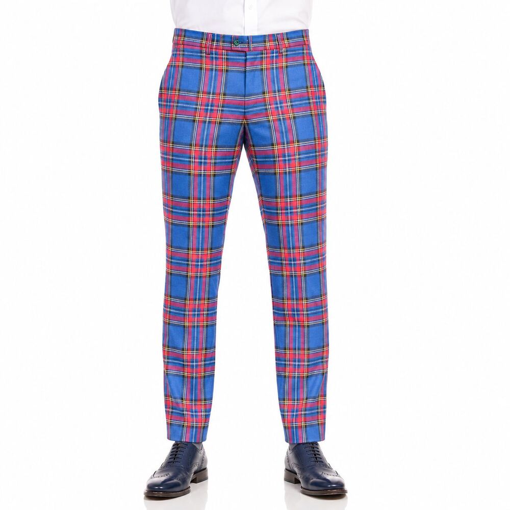 Mens 32 Blue Red Tartan Plaid Pants Flat Front Straight Fit Dress Trousers NWT